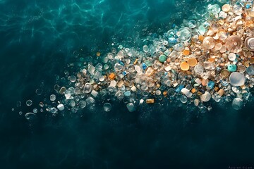 Ocean Pollution Concept with Floating Plastic and Debris in Blue Water