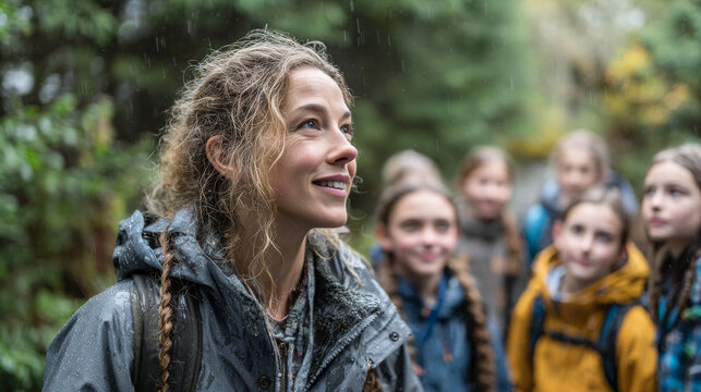 Middle school students accompanied by their teacher during a learning trip outdoors - Powered by Adobe