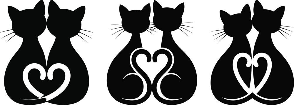 Cat couple silhouette vector, two cats with heart tail icon in black isolated style for design and decoration