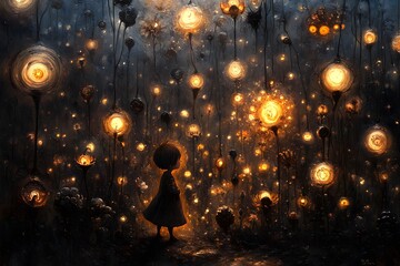 Child in a Dreamy Field of Glowing Lantern Flowers at Night