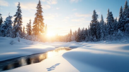 Obraz premium A serene winter landscape featuring snow-covered pine trees and a gently flowing river, capturing the tranquility and beauty of nature in a snowy scene.