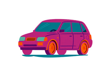 Obraz premium Compact SUV with magenta body, orange wheels, teal windows, contemporary flat design style, side view, isolated on a transparent background