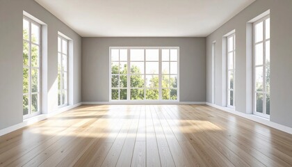 Fototapeta premium A spacious, empty room with large windows allowing natural light to fill the space, featuring light-colored walls and polished wooden floors.