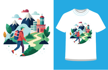 Hiker Leaving a Busy City and Entering the Mountains Urban to Nature Vector Concept.

