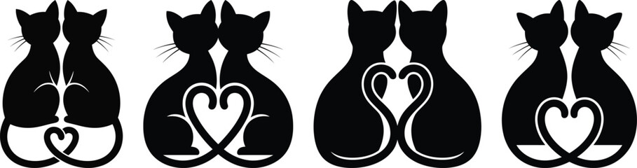 Cat couple silhouette vector, two cats with heart tail icon in black isolated style for design and decoration