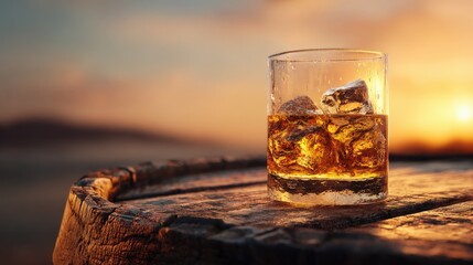Golden Hour Whiskey A glass of amber whiskey on the rocks sits on an aged wooden barrel at sunset Relaxing drink concept