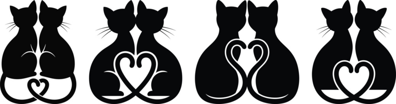 Cat couple silhouette vector, two cats with heart tail icon in black isolated style for design and decoration