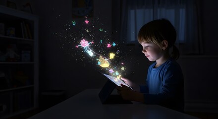 A child, their face illuminated by the soft glow of a tablet, is not consuming content, but actively creating a fantastical, animated world that spills out of the screen and into the room