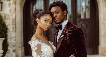 Elegant african american couple dressed wedding, romance and excitement. Bride's delicate lace gown. Groom's dapper black velvet suit, sophistication. Together, love, celebration. Stylish fashion look