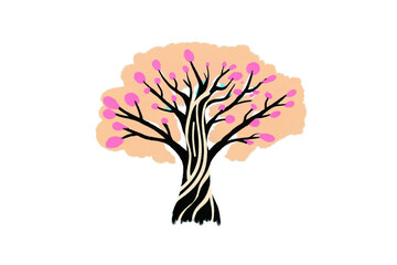 Stylized tree with pink blossoms and peach-colored foliage on black trunk, isolated on a transparent background
