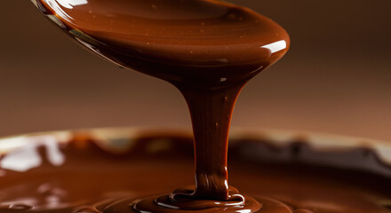 Close-up of melted dark chocolate on spoon. Rich dessert texture.

