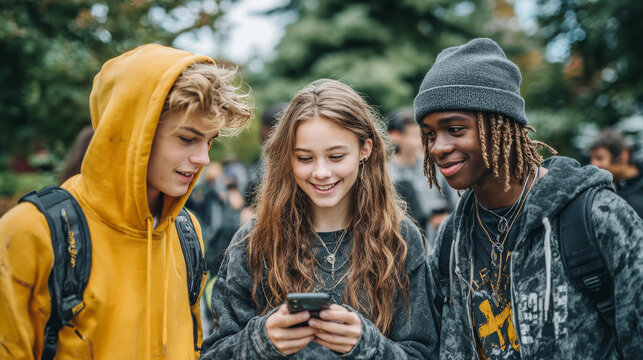 Teen friends gather in a park with backpacks and gadgets, capturing a candid moment of youth and school life