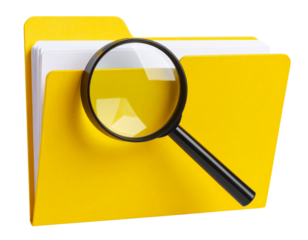 Yellow file folder with magnifying glass on top, document search icon concept, isolated on transparent background PNG