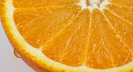 Macro shot of a fresh orange slice with water drops. High-resolution food texture.


