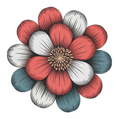 A stylized flower with red white and blue petals arranged in a circular pattern on transparent background