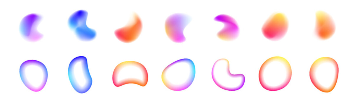 Gradient aura, grain neon blob with noise effect vector illustration. Abstract color watercolor blur mesh shape on white background. Space bright colorful shapeless frame PNG on white background.	
