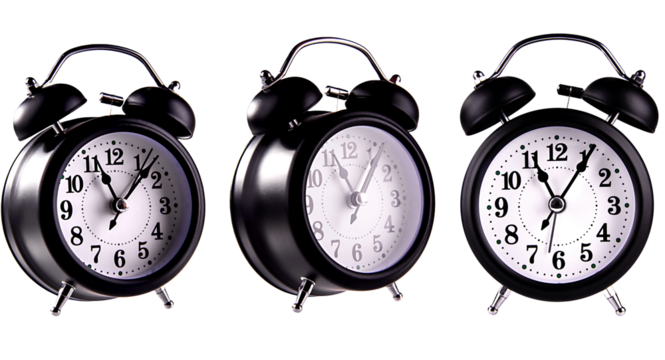 retro alarm clock, black vintage alarm clock isolated on transparent or white background, png image - Powered by Adobe