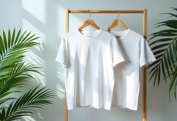 White t-shirt, dress, and cotton clothing hanging on hangers in a wardrobe, nobody wearing the apparel