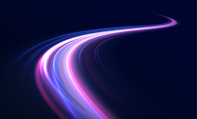 Dynamic composition of bright lines forming lights track of speed movement, futuristic dark background with neon glow, graphic design element.	