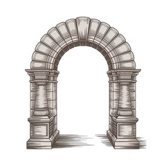 Illustration of a stone archway with detailed carvings on a black isolated background design element