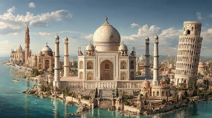 Architectural Wonders Collide Taj Mahal Leaning Tower Cultural Fusion Island Paradise Artistic