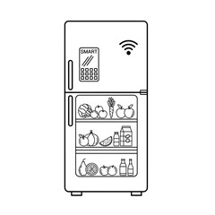 Smart Refrigerator Line Art Illustration Showing Shelves Filled with Fruits Vegetables and Drinks Wifi Icon and Smart Control Panel