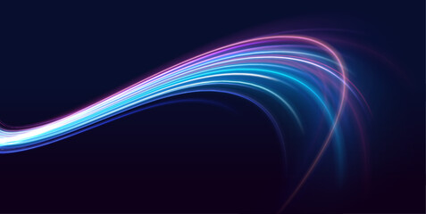 High-speed light line in the form of a road and a highway in a night city. Abstract technology futuristic neon circle glowing. Vector illustration.	