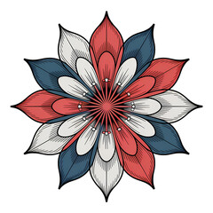 Colorful floral pattern with red white and blue petals on a transparent background illustration