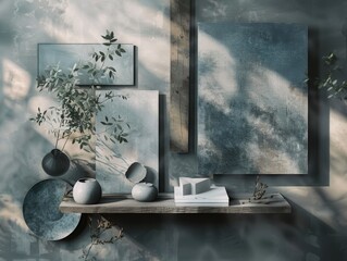 Fototapeta premium Still life with plants and decorative objects on shelf, PNG