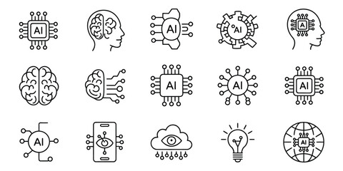 AI and Machine Learning Icon Set – 16 Black and White Line Art Symbols in 4x4 Grid Featuring Neural Networks, Processors, Brains, and Circuits on White Background for Tech and Innovation Projects