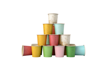 Colorful disposable paper cups stacked in pyramid formation showing vibrant speckled patterns in multiple bright colors, isolated on a transparent background