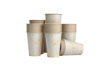 Multiple stacks of disposable coffee cups with brown staining grouped together showing bulk quantities for commercial use, isolated on a transparent background