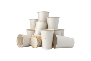 Scattered used paper cups in various positions displaying coffee stains and worn surfaces from repeated beverage service, isolated on a transparent background