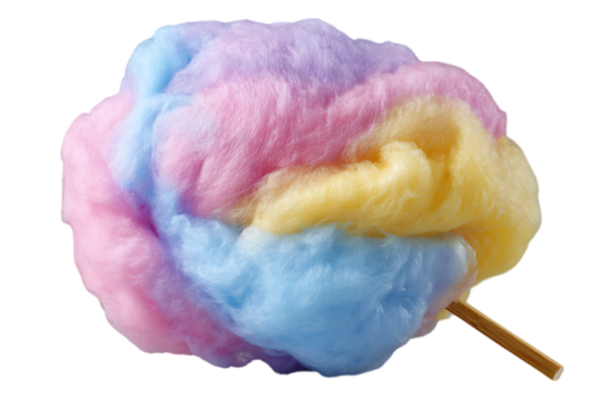 Close up of a fluffy multi colored cotton candy on a stick isolated on transparent background