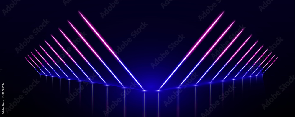 Poster laser show in a аuturistic corridor. neon lamps light up a dark tunnel with reflected arrows guiding