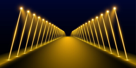 Abstract space tunnel interior. Yellow neon light illuminating an endless geometric tunnel creating. Shining gold beams form luminous perspective pathway for motion.