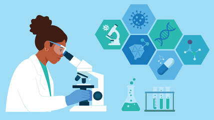 Microscope Research Scene – Scientist Illustration with DNA, Virus, and Lab Symbols in Minimalist Style.