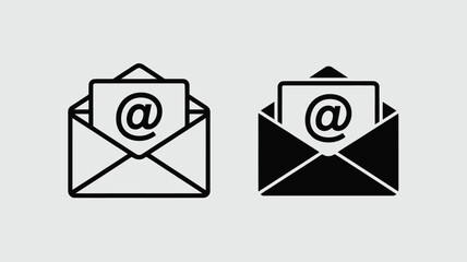 Email Icon Duo – Open Envelope Line vs. Silhouette Style with @ Card on Gray Background