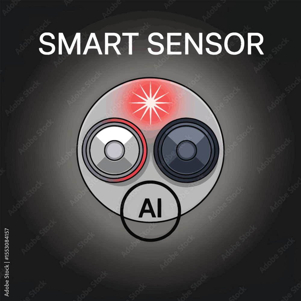 Poster smart sensor illustration grey circular device red light a i technology input output connections gra