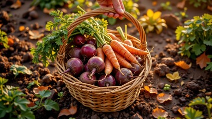 Fresh vegetables in wicker basket gathered from garden soil  