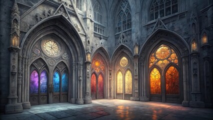 Fototapeta premium Grand hall with arched stained glass windows and columns