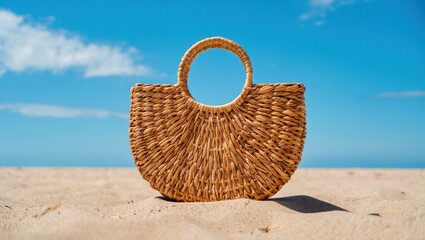 Straw bag sits on a sandy beach under a blue summer sky