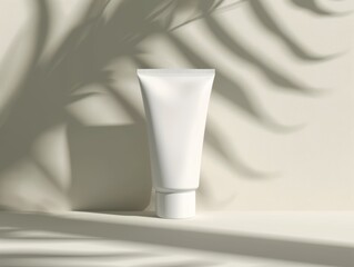 White cosmetic tube mockup with leaf shadow, PNG