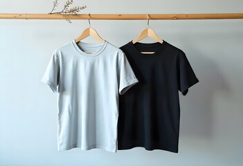 A variety of shirts and t-shirts on hangers, perfect for showcasing casual clothing designs and apparel templates