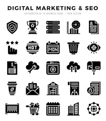 Digital Marketing & SEO Glyph icons collection. 25 icon set. Vector illustration.