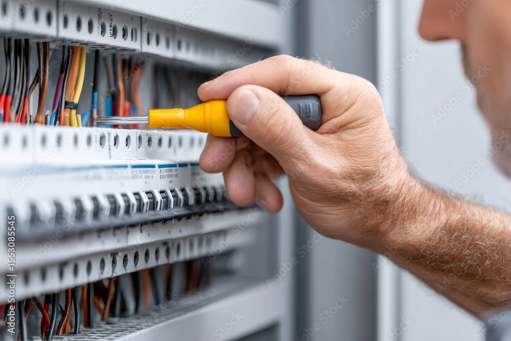 Poster electrician working on fuse box with screwdriver, repairing electrical system
