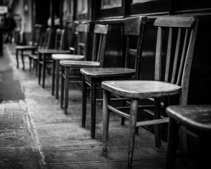 Row of weathered wooden chairs lining a sidewalk.