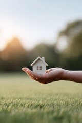 Hand holding a miniature house against a green field, bathed in soft light. Symbolizing homeownership, security, and real estate dreams. Ideal for financial, insurance, or property related themes.