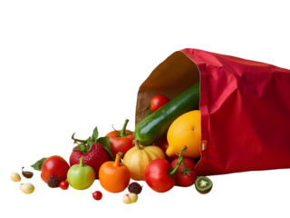 Fresh fruits and vegetables in a red  paper bag  on white background