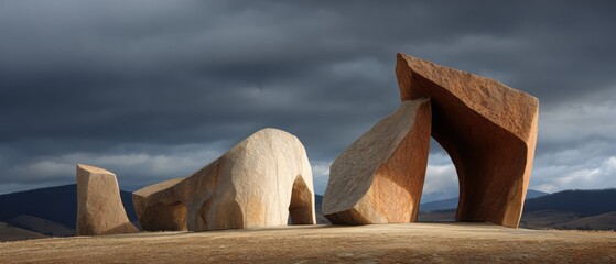 Abstract stone sculptures against a dramatic sky.